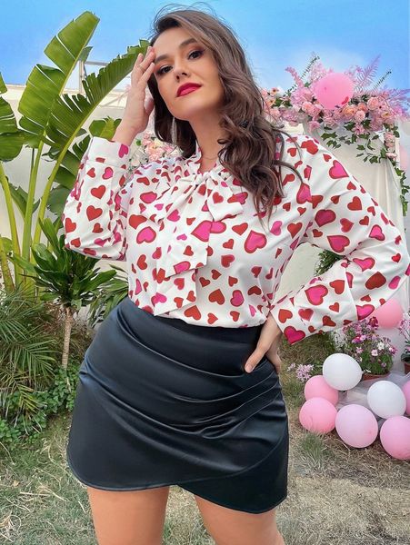 

plus heart print tie neck blouse l4nz#, Black