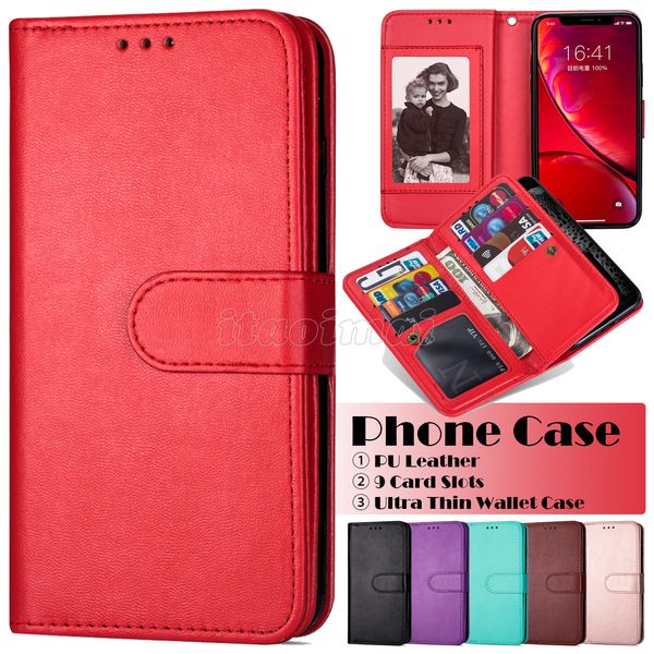 

wallet phone case for iphone 12 mini 11 pro x xr xs max 7 plus samsung galaxy s20 ultra thin classic pu leather 9 card slots flip cover case