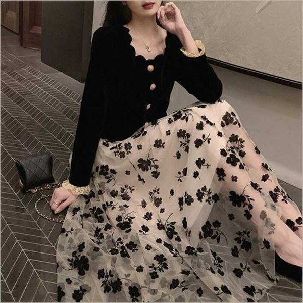 

skirts flocking flower high waist skirt fashion woman midi long pleated korean 2021 vintage spring black mesh tulle
