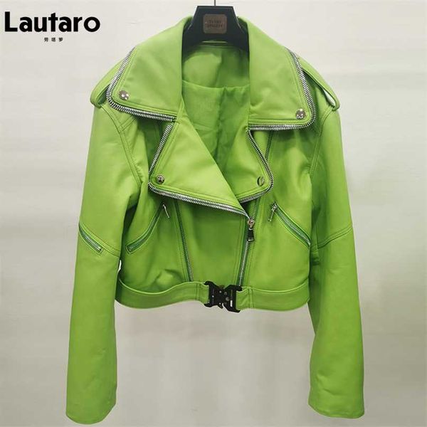 Lautaro Herbst Kurze Grüne Weiche Kunstleder Biker Jacke Frauen Langarm Reißverschluss Gürtel Designer Europäische und Amerikanische Mode 211007