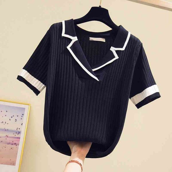 

women's knits & tees plus size 4xl v-neck patchwork sweater women summer short sleeve knitted pullover fashion black tyca, White