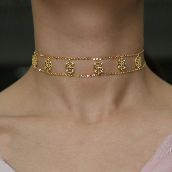 

pendant necklaces gold color short choker necklace for women minimal 5pc charm double chain link layer 32+8cm, Silver