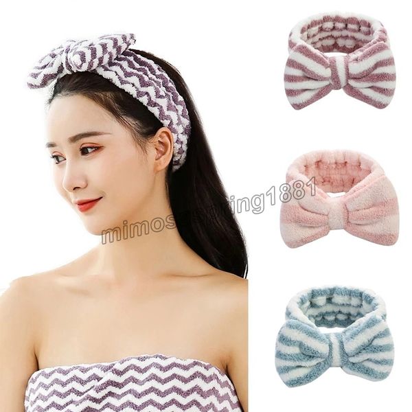 Fashion Coral Fleece Listrado Wave Bow Headband Para Lavagem Elastic Hair Band Mulheres Turbante Headwear Meninas Acessórios de Cabelo Haar