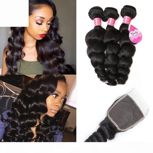 

peruvian virgin hair extensions straight brazilian hair kinky curly human hair bundles with closure 3pc loose wave body wave water deep wave, Black