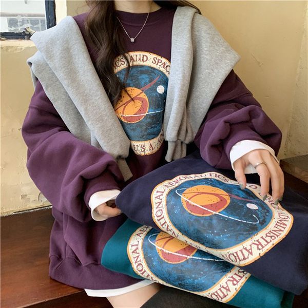 

2021 new winter casual fashion printing thick pullover o neck fleece oversize women sweatshirt npn0, Black