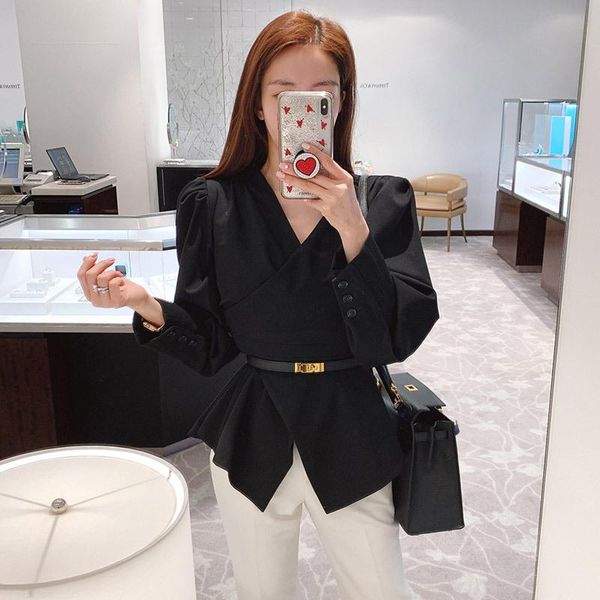 

women's blouses & shirts spring autumn fashion loose wild comfortable solid shirt v-neck long sleeveless vintage ruffles elegant work s, White