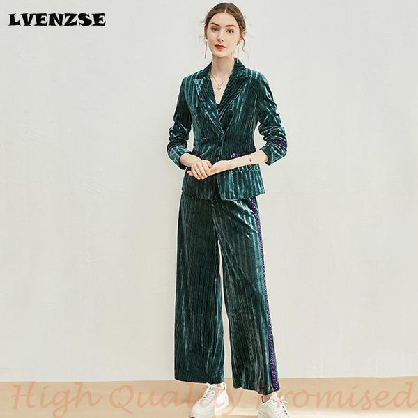 

women's suits & blazers lvenzse pantsuits for women 2021 fall slender golden velvet broad-legged trousers suit two-piece tailleur femme, White;black