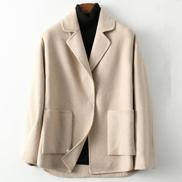 

women's wool & blends fashionable 100% mid length coat loose lapel woolen jacket simple warm single button suit outwear 2021, Black