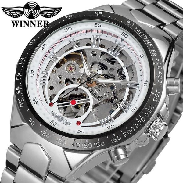 

casual sport bezel silver waterproof men watches winner roman number male watch luxury durable skeleton automatic wristwatch wristwatches, Slivery;brown