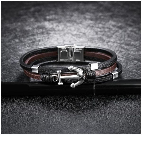 

anchor three layer brown black genuine leather bracelet for men anch jllefd