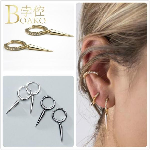 

hoop & huggie 925 sterling silver earrings for women small girl spike cartilage ear bone earring punk men geometric aretes z5, Golden;silver