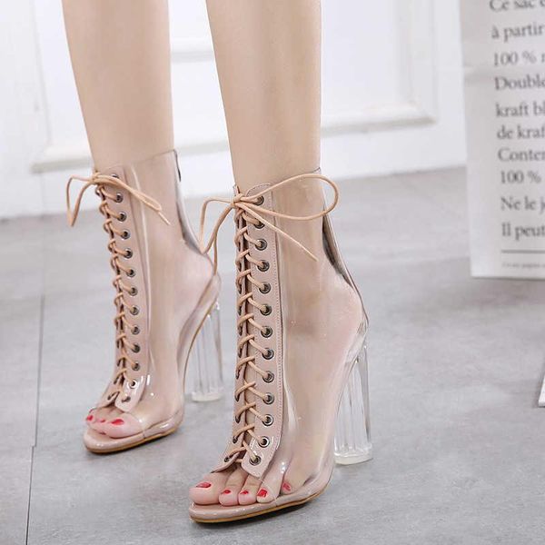

sandals transparent thick high heel fish mouth women's large size cool boots, Black