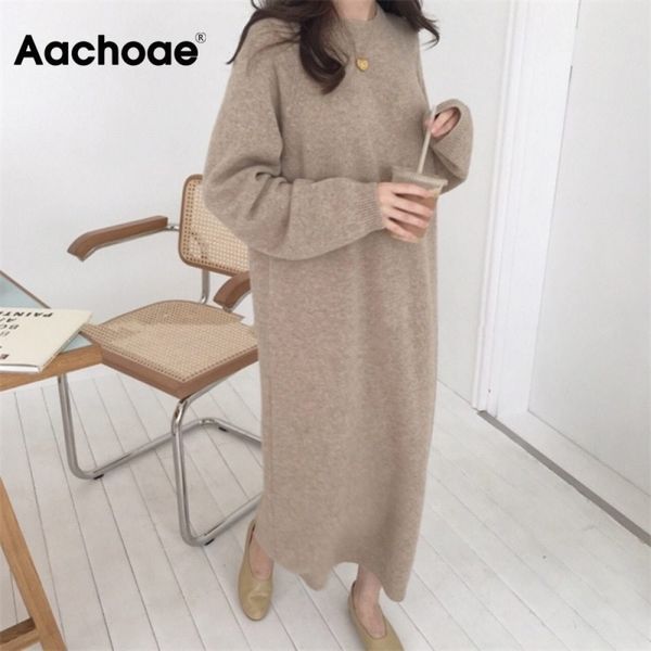 

aachoae women autumn loose long dresses solid o neck knitted sweater dress female long sleeve casual dress robe femme 210303, Black;gray