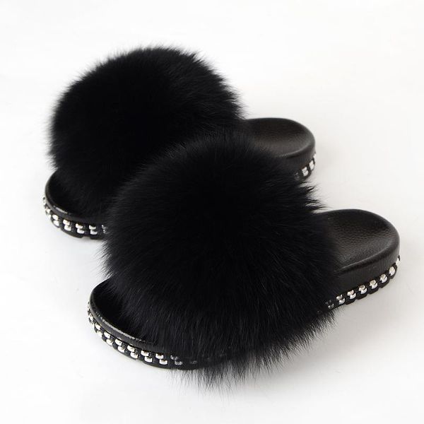 

slippers furry slides for women real fur flat fuzzy home indoor female luxury flip flops fluffy sandals, Black