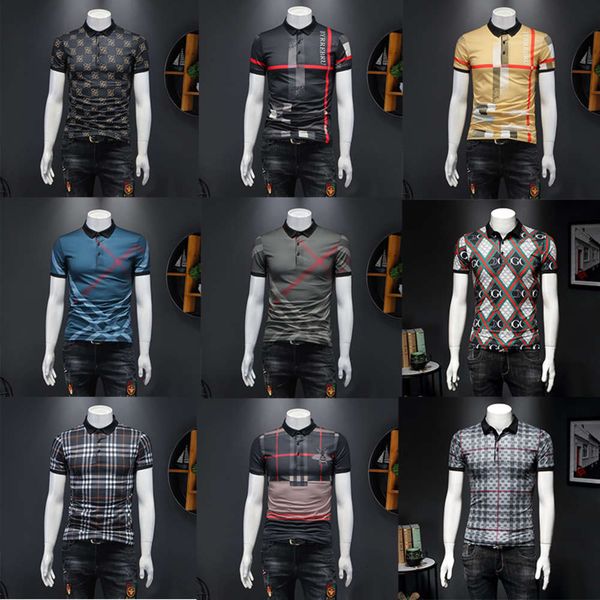 

net red plaid stripe polo shirt men's fashion ins ice lapel t-shirt men's large short sleeve printingwinter, White;black