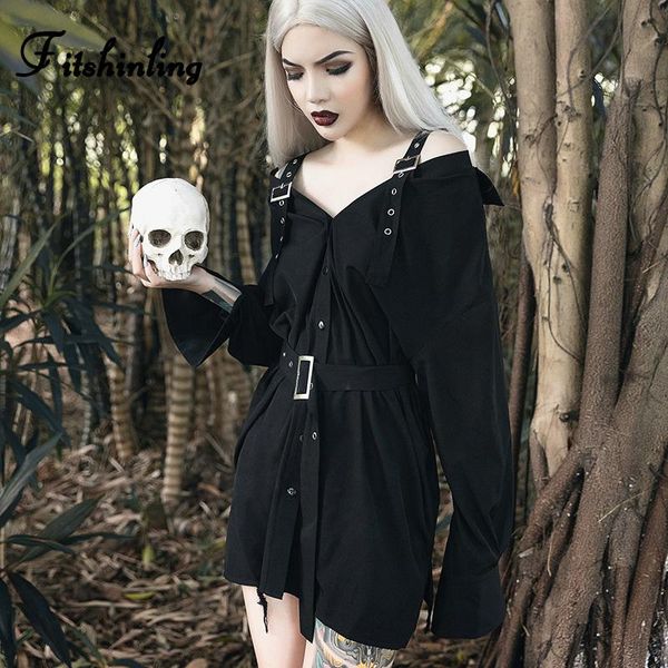 

fitshinling grunge gothic autumn shirt dress women strap off shoulder long blouse female fashion harajuku black sashes blusas, White