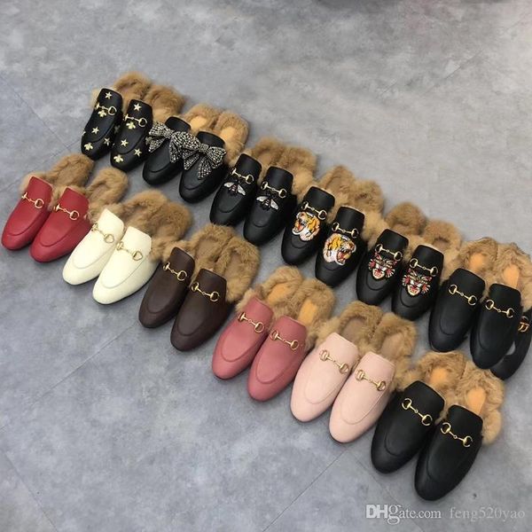 

classic male half slippers authentic soft cowhide flat bottom metal buckle hair slippers luxury designer woman shoes warm wool slippers 42, Black