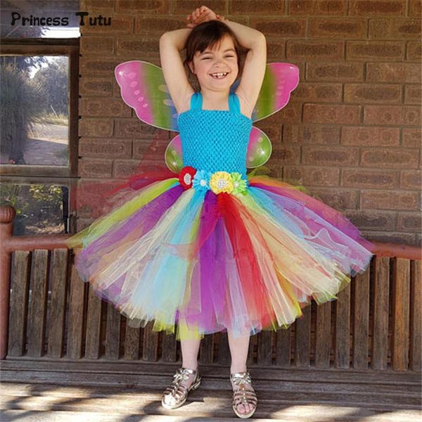 

girl's dresses rainbow flower fairy girls tutu dress with wings princess tulle for girl birthday party kids halloween costume, Red;yellow