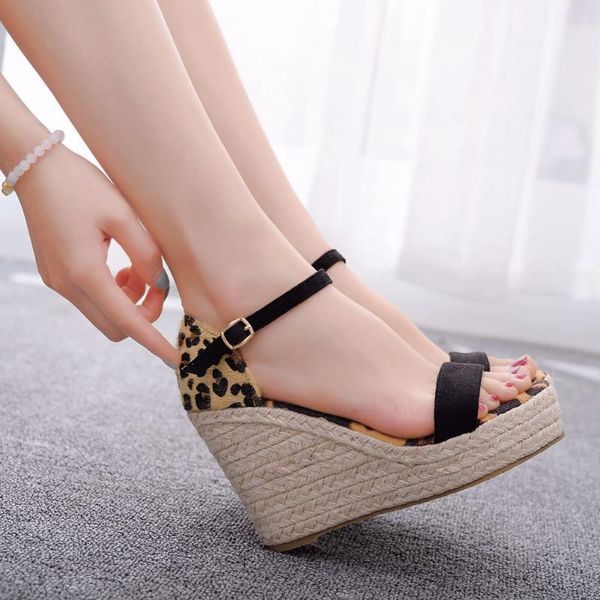 

sandals summer ladies super high heel wedge leopard print sandal large size platform open toe for women shoes a0055, Black