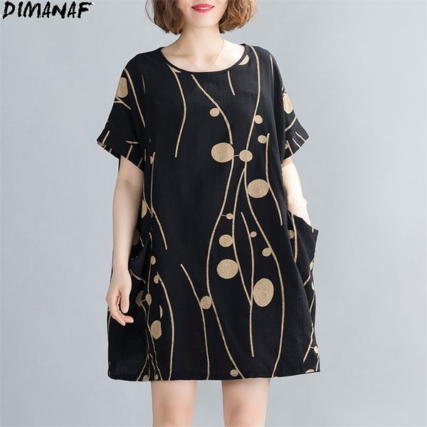 

plus size t-shirt summer women clothing casual loose vintage print lady shirts pockets cotton linen oversize black 210531, White