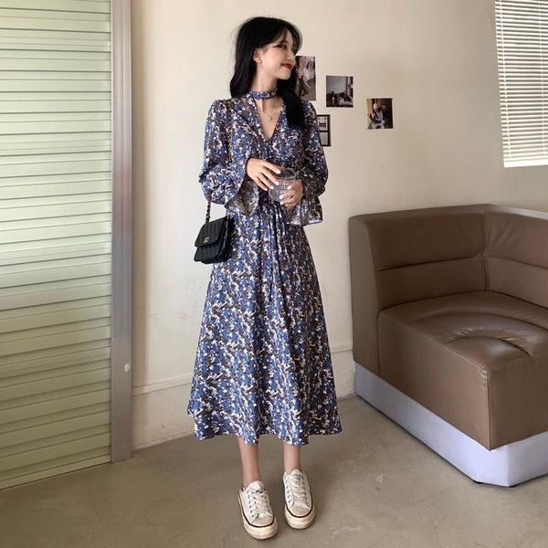

casual dresses sweet floral print long sleeve dress early autumn 2021 v-neck gentle ins medium length vestidos fashion office lady robes, Black;gray