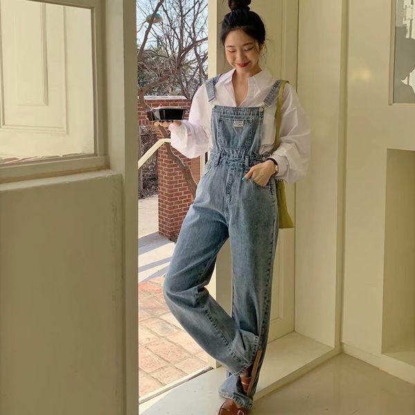

chic age reducing light blue denim suspenders spring and autumn loose wide leg pants high waist jumpsuit