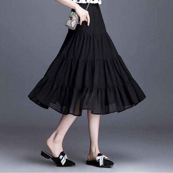 

skirts 2021 spring summer high waist chiffon plus size m- 6xl 8xl candy color bohemia ruffled cake skirt maxi beach tutu, Black