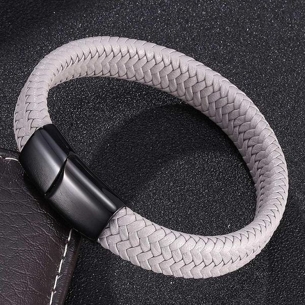 

charm bracelets fashion gray leather braided men bracelet bangles 3 colors magnetic clasps male wrist band trendy jewelry gifts 0007, Golden;silver