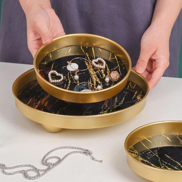 

kitchen storage & organization creative black marble pattern mirror tray cosmetics jewelry metal round plate dressing table living room deco
