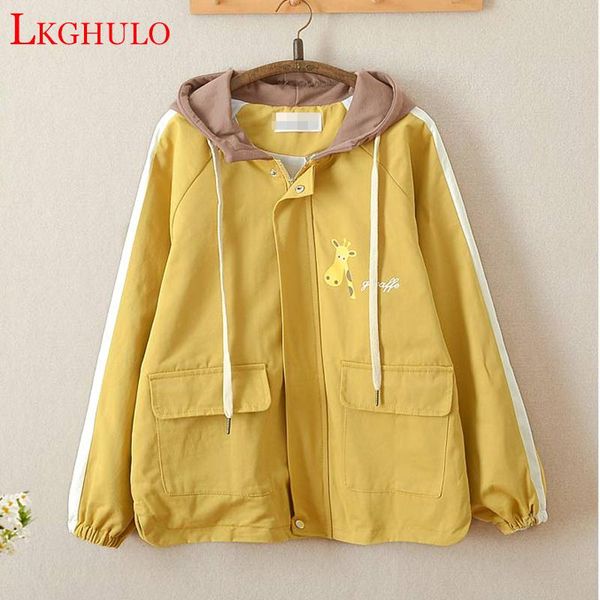 

women's trench coats lkghulo arrival women casual cotton coat autumn animal printed pockets zipper hooded collar a303, Tan;black