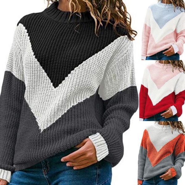 

2021 new autumn and winter sweater contrast stitching knit sweater women's round neck loose large size pullover, White;black