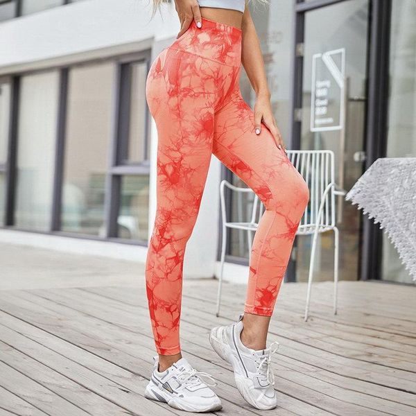 

yoga outfits selling tie-dyed high-waist fitness pants peach hips sports leggings quick drying running cropped, White;red