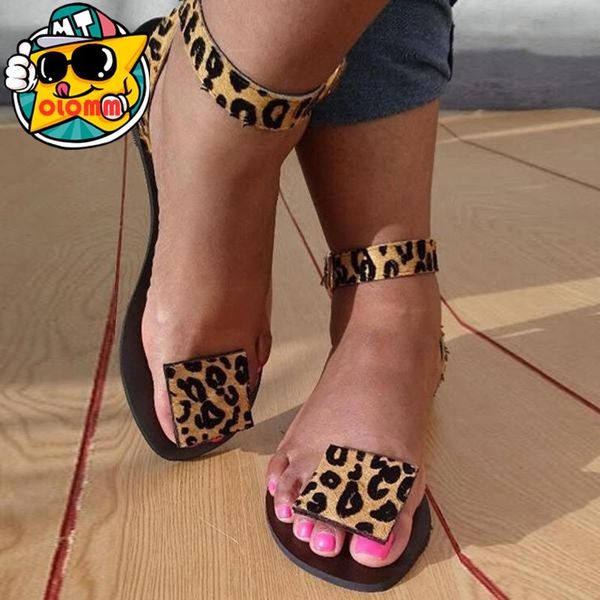 

sandals 2021 women summer flat leopard print handmade open toe flip-flops plus size 35-43, Black