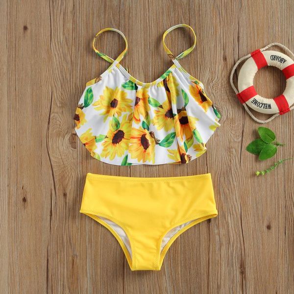 

pudcoco 2021 girl swimsuit set, sunflower print sleeveless ruffle camisole and panty two-piece suit for vacation swimming beach, White
