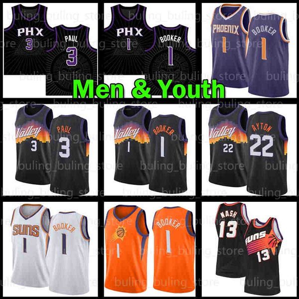 Sun Basketball Jersey Devin 1 Booker Chris 3 Paul Phoenixs Deandre 22 Ayton Jerseys Steve 13 Nash City Charles 34 Barkley 2021 2022 Men Youth Kids retro shirt Mesh