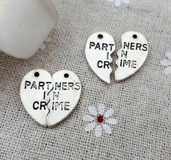 

200sets/lot antique sliver spolicing love charms partners in crime letters heart pendant making fit handmade accessories, Bronze;silver