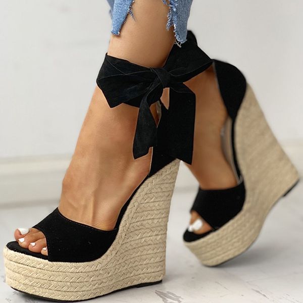 Marke 2020 Sexy Plattform Keile High Heels Schuhe Sandalen Frauen Stroh Sommer Party Ankle-Wrap Schuhe Frau Sandalen J2023