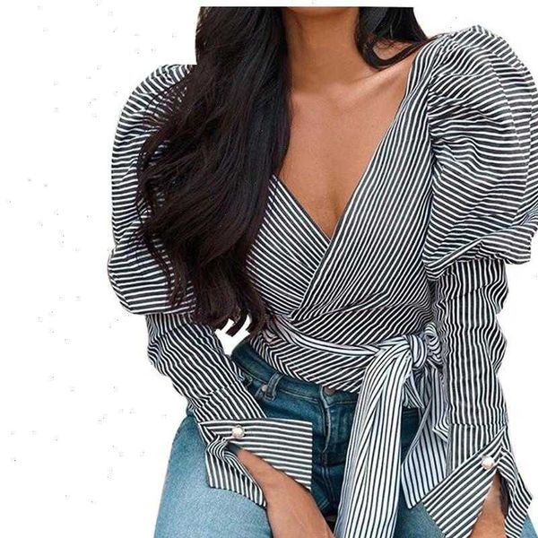 

women blouses long sleeve lantern v neck womens pearl button bow bandage casual striped tunic blouse, White