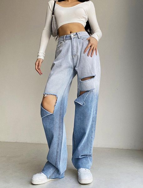 

ripped jeans for women high waist baggy ladies mujer vaqueros femme taille haute blue wide leg stacked denim boyfriend straight