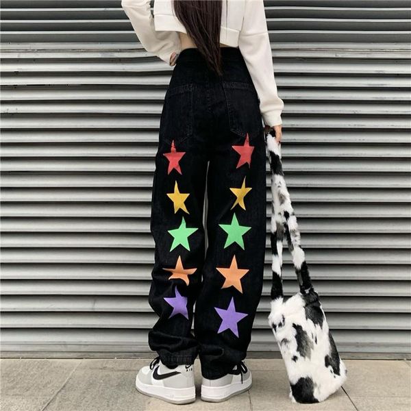 

women's jeans ladies high street personality color five-pointed star print casual black wide leg pants trousers, Blue