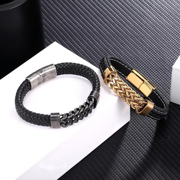 Bracelets de charme Curb Wide Cuban Link Chain Leather Bracelet for Men Momen Jóias Anti Allergy Stainless Aço de pulseira Presentes