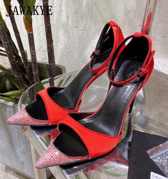 

sandals crystal cover heel women super high silk stilettos party wedding shoes pointy ankle strap red bride, Black