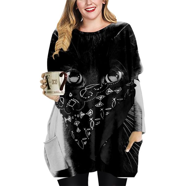 

spring and autumn cute cat big head pattern long pocket t-shirt plus size female element round neck dress, Black;gray