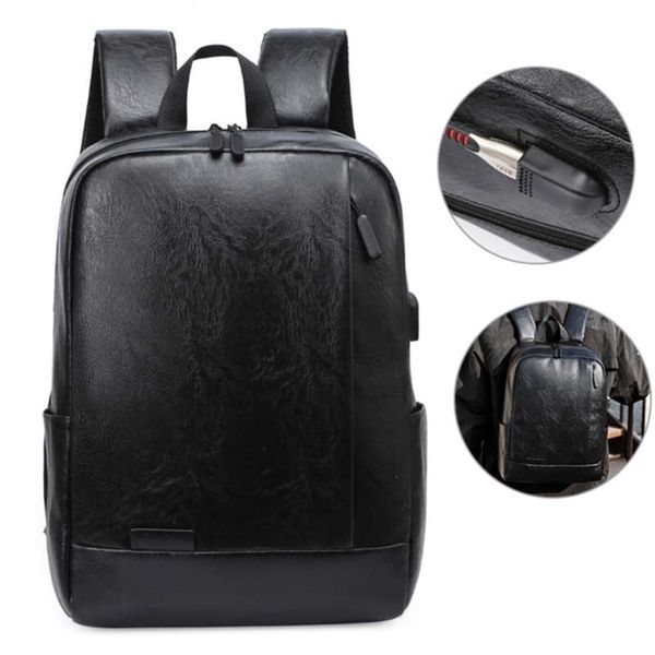 

men's pu leather waterproof backpack usb charging lightness lapblack back bags male outdoor travel casual school bagpacks 210929