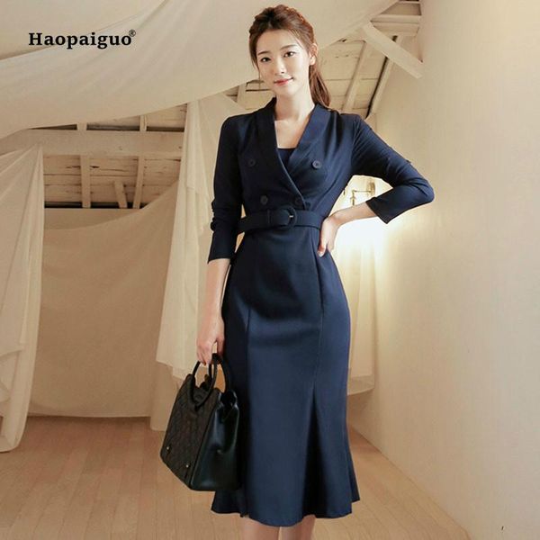 

casual dresses plus size solid mermaid dress 2021 spring women long sleeve v-neck button work blazer elegant office midi ladies, Black;gray