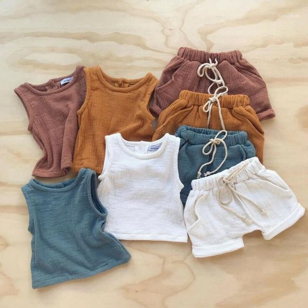 

clothing sets fashion summer kids baby girls boys outfit suit cotton linen clothes set toddler solid casual vest short pants 2pcs11, White