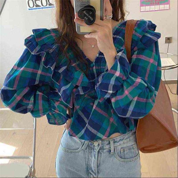 

arrival retro early autumn gental women blouses v neck fashion long sleeves ruffles stylish elegance shirts, White