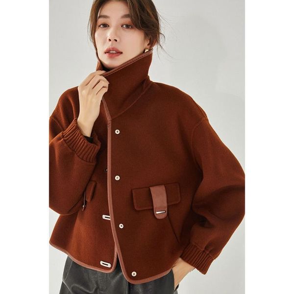 

women's wool & blends jacket women winter short caramel casual fashion coat 100% lapel temperament leather trim exquisite, Black