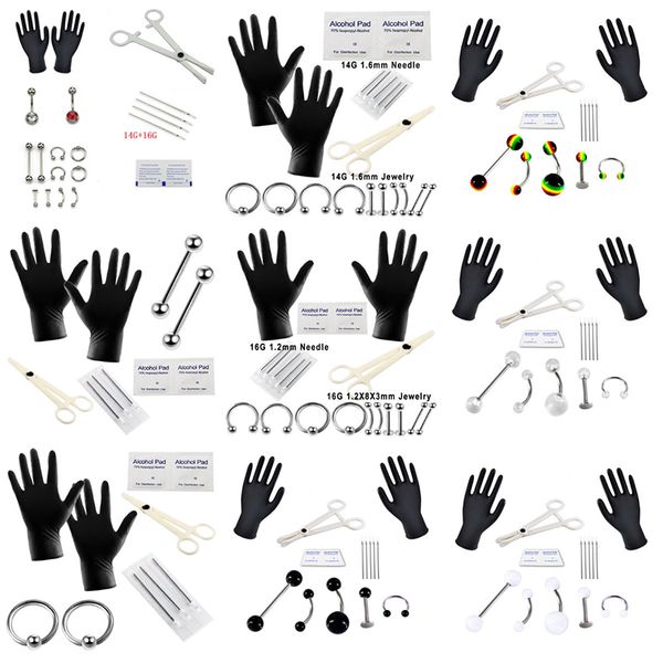 

1 set tongue eyebrow nose belly button body jewelry piercing rings clamp gloves needles tool kit ear plug prong studs 16g 14g