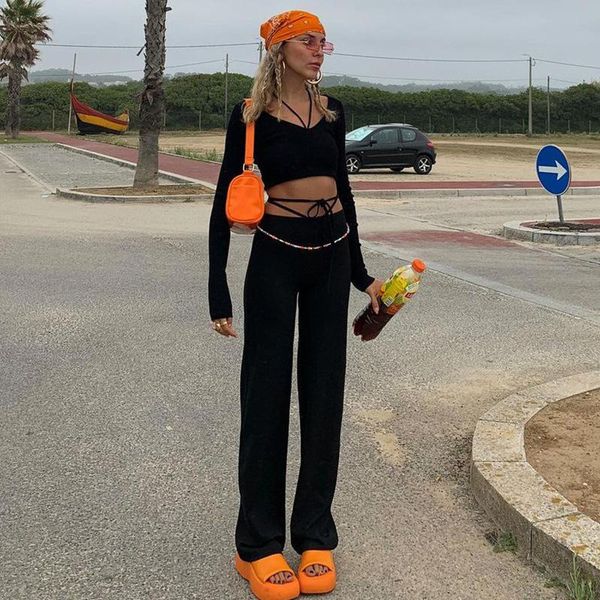 

women's two piece pants women 2 set black color long sleeve bandage crop + wide leg sweatpants sports jogger lounge wear bodycon suit, White